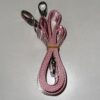 A pink leash is hanging on the wall.